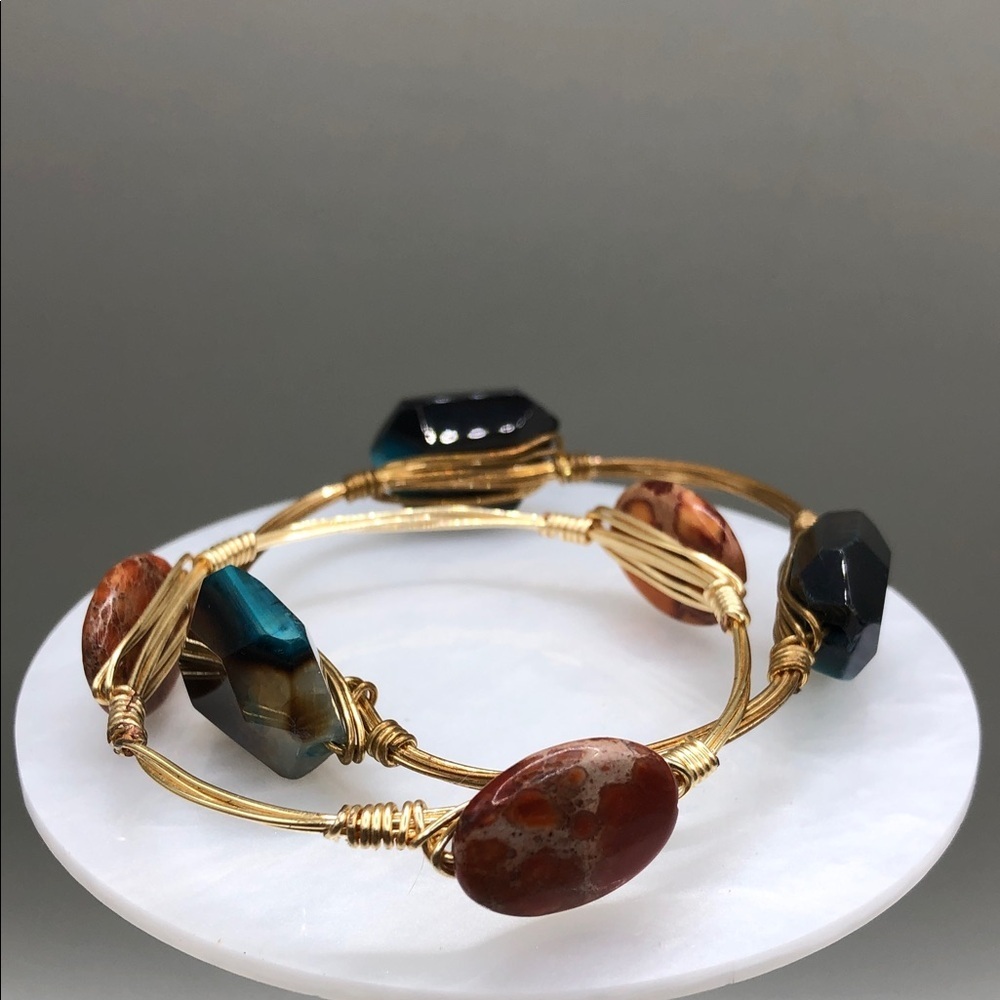 Bundle 2 wire stone bangle bracelets jasper and agate boho layering stack.